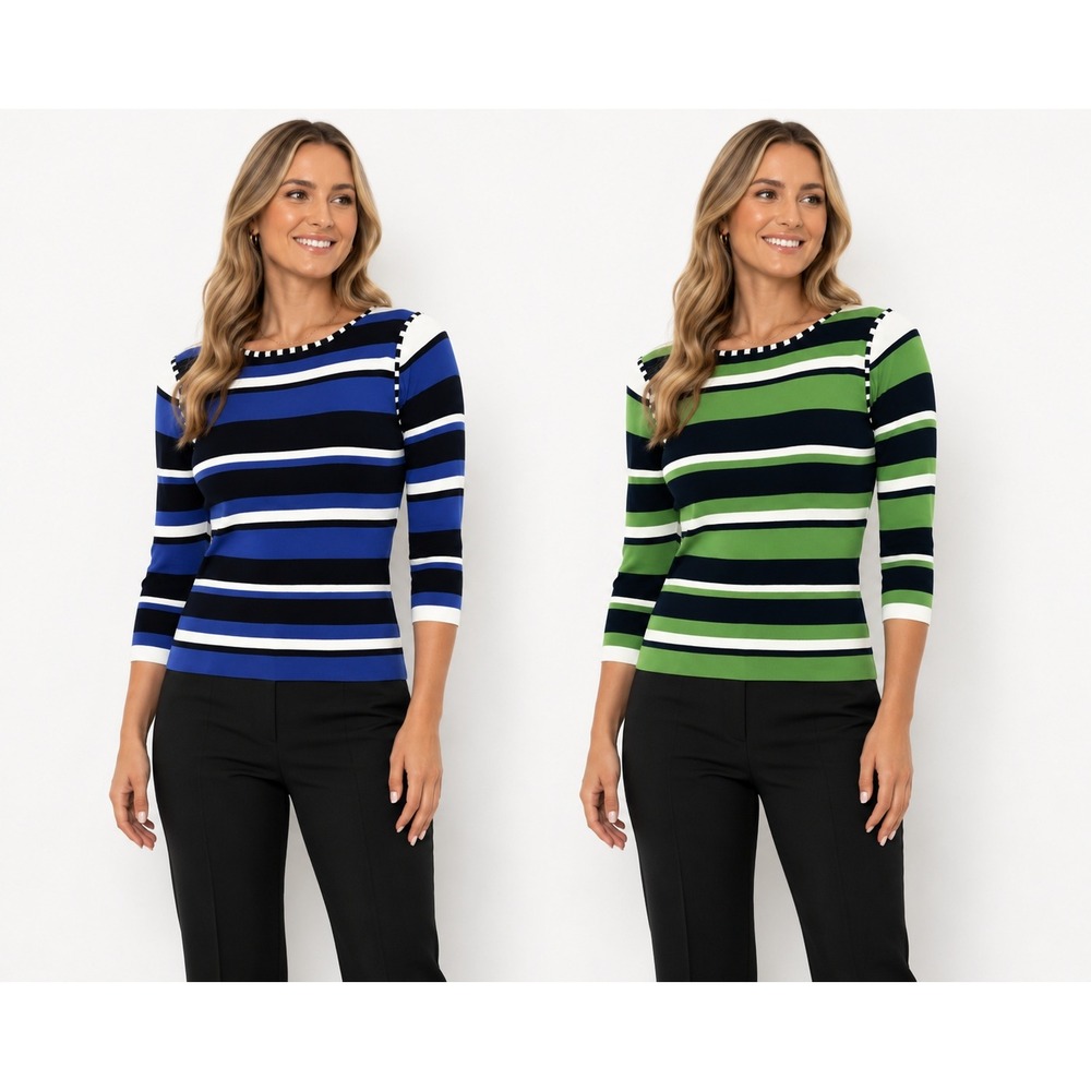 Dressbarn Women M 2-Pack Striped 3/4 Sleeve Knit Top Blue Green Preppy Nautical